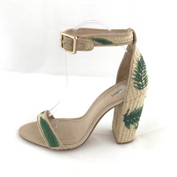 Schutz Pollyana Chunky Heel Green Leaf Design Sandals - Picture 6 of 14